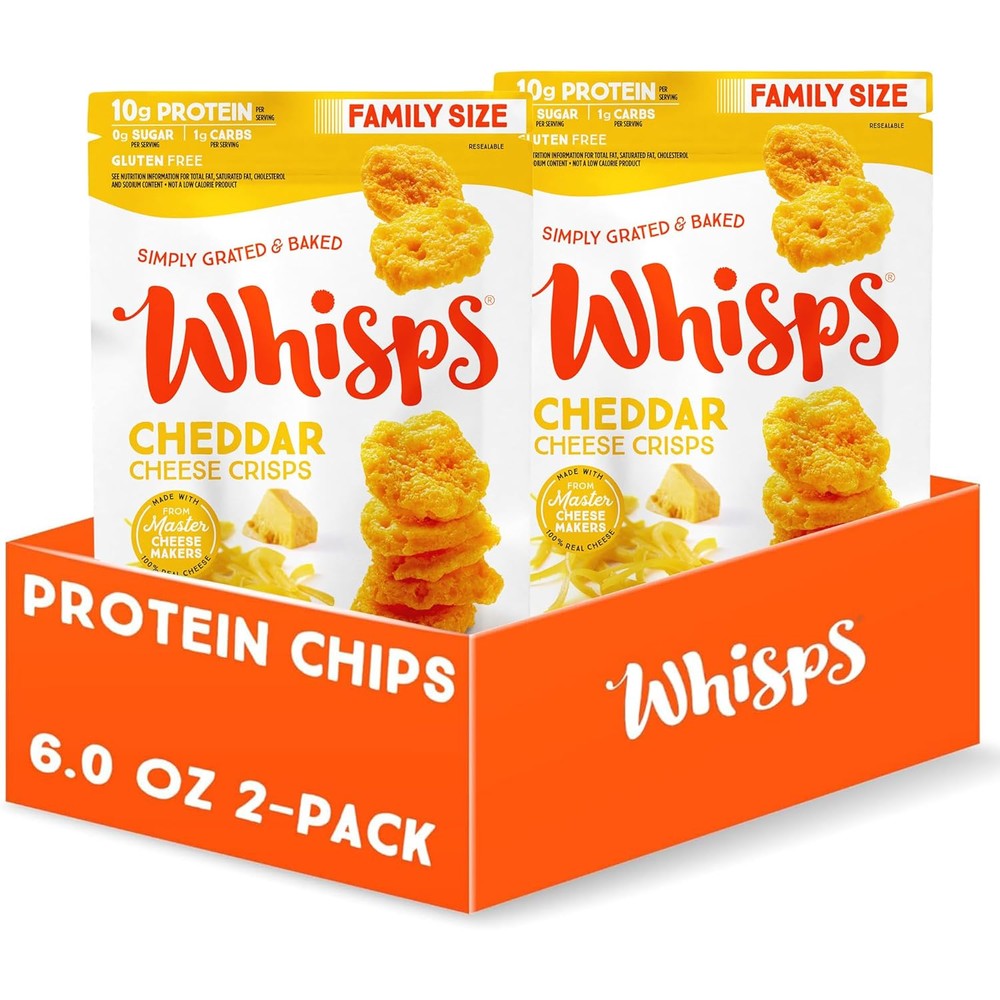 Whisps Cheddar Cheese Crisps front view of six ounce pack.
