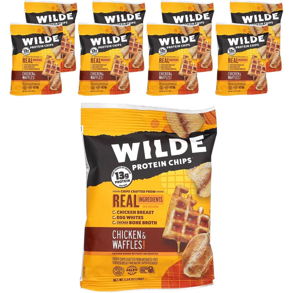 Wilde Brands Chicken and Waffles Protein Chips 8 bag pack front view high protein snack.