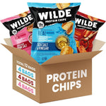 Wilde Chips Variety Pack front view showing 12 bags of high protein snacks.