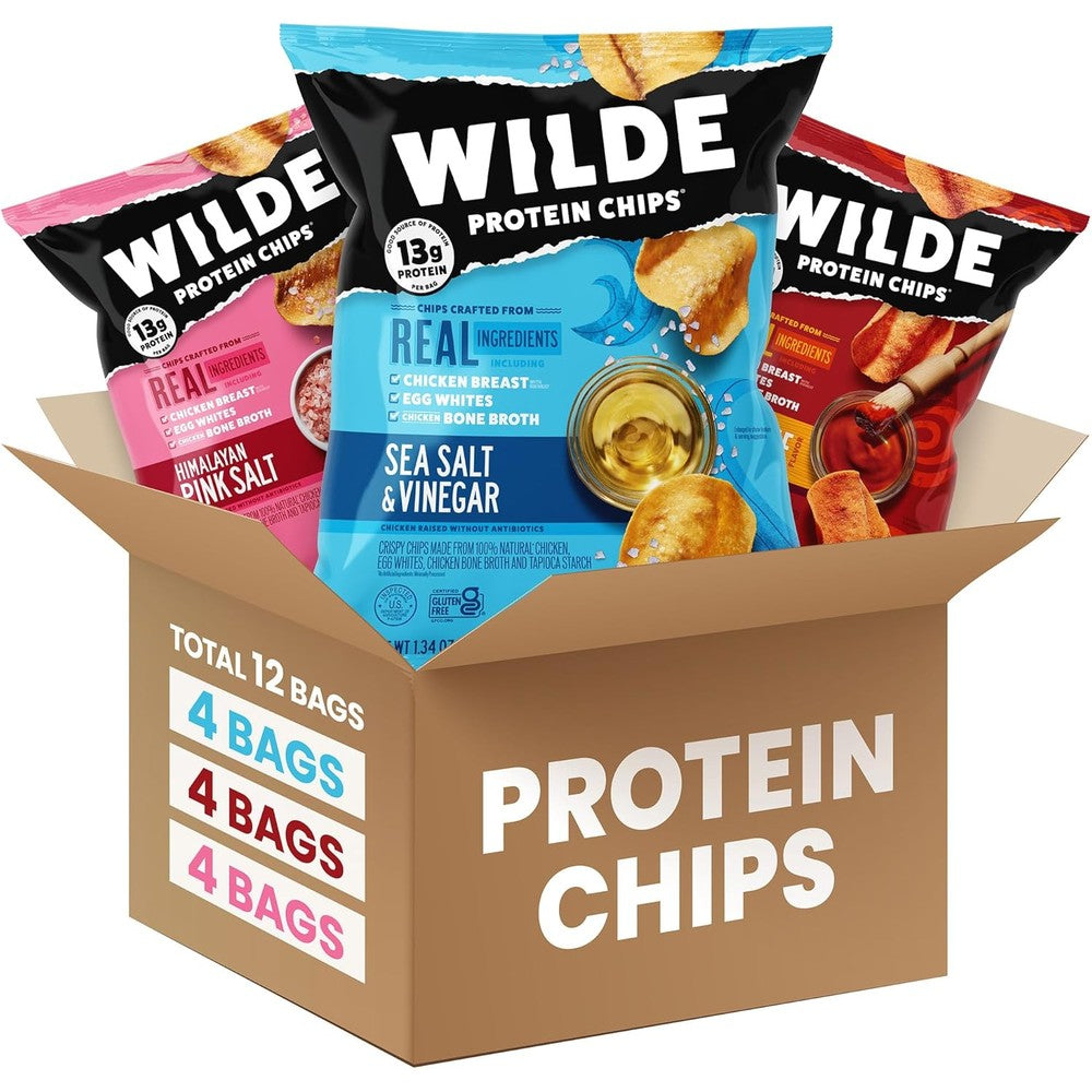 Wilde Chips Variety Pack front view showing 12 bags of high protein snacks.