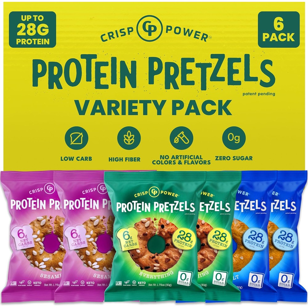 Crisp Power High Protein Pretzels Variety Pack front view of 6 bags