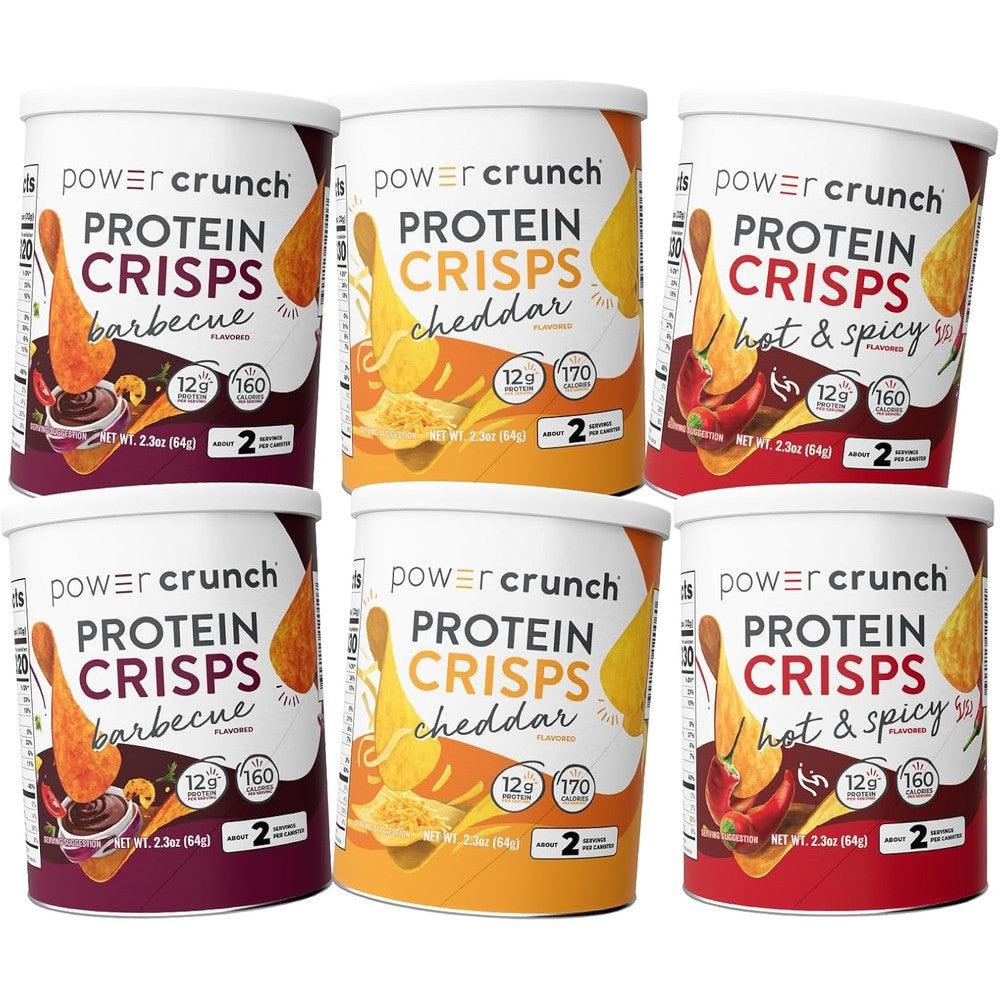 Power Crunch Protein Crisps Variety Pack front view of three flavor canisters
