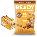 Ready Protein Puffs Cinnamon Sugar front view packaging for high protein snacking.