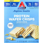 Atkins Anytime Snacks Lemon Creme Protein Wafer Crisps front packaging keto snack.