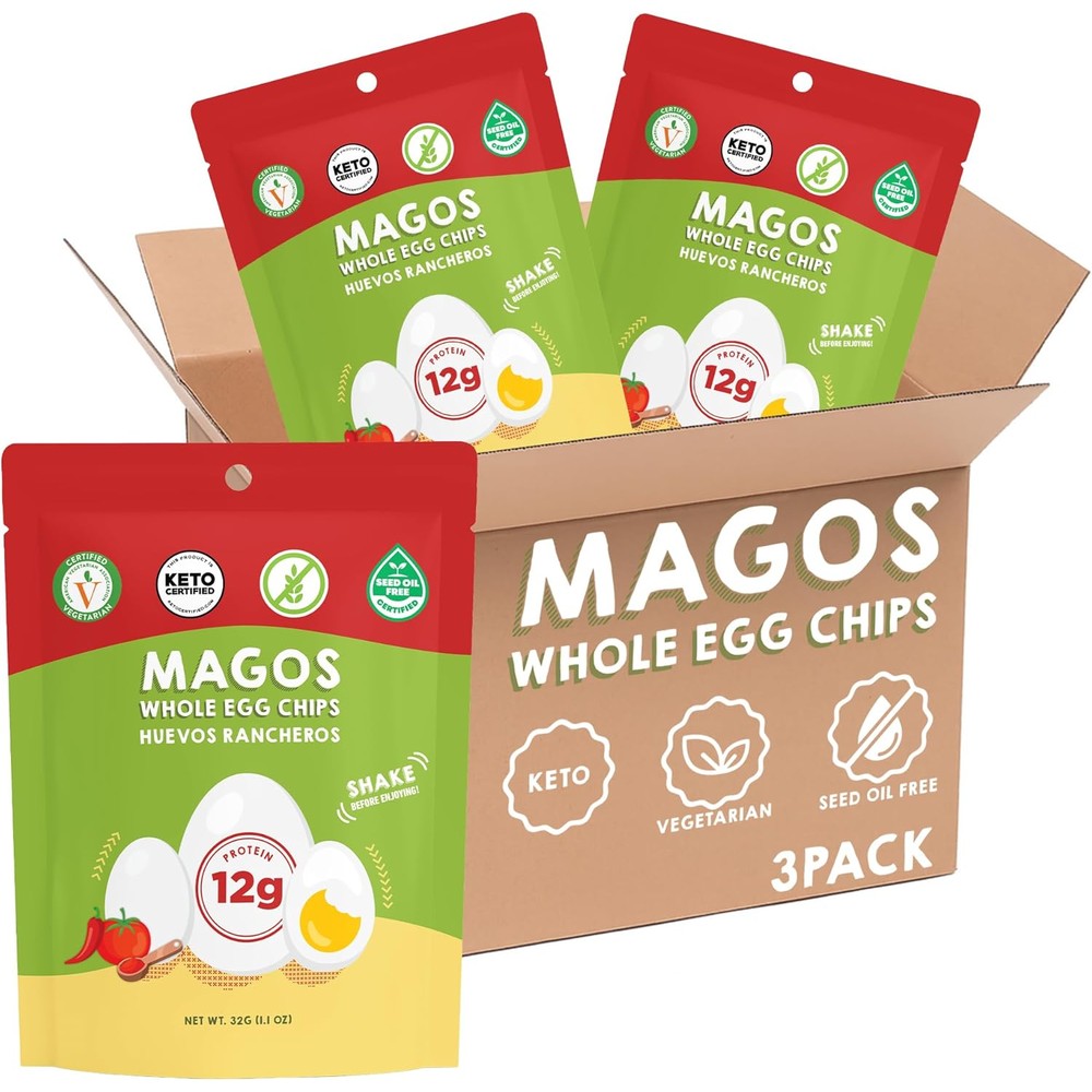 Magos Egg Chips Huevos Rancheros 3-pack front view keto snack.