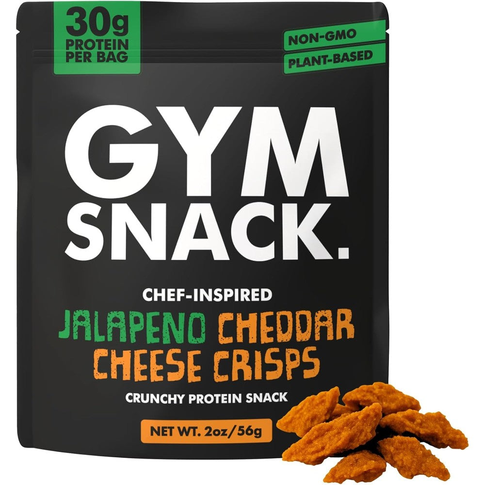 Gym Snack Jalapeño Cheddar Cheeze Protein Crisps front packaging showing 30g protein label.