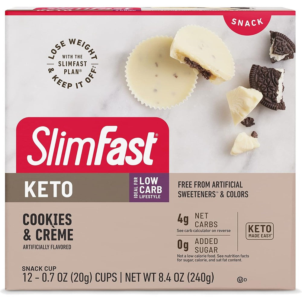 SlimFast Keto Fat Bomb Cookies and Creme 12 Count front packaging for weight loss snacks.