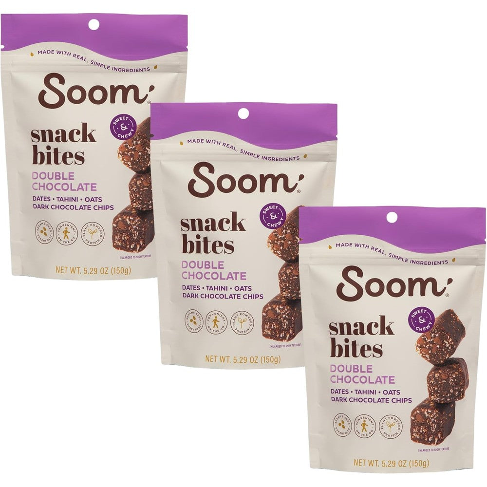 Soom Foods Double Chocolate Energy Chewy Snack Bites front packaging view healthy vegan snacks.