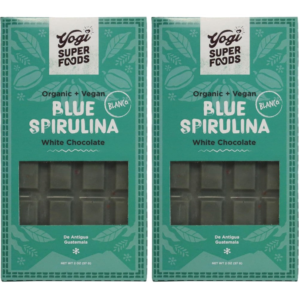 Yogi Super Foods Vegan White Chocolate Blue Spirulina Bar front packaging organic snack.