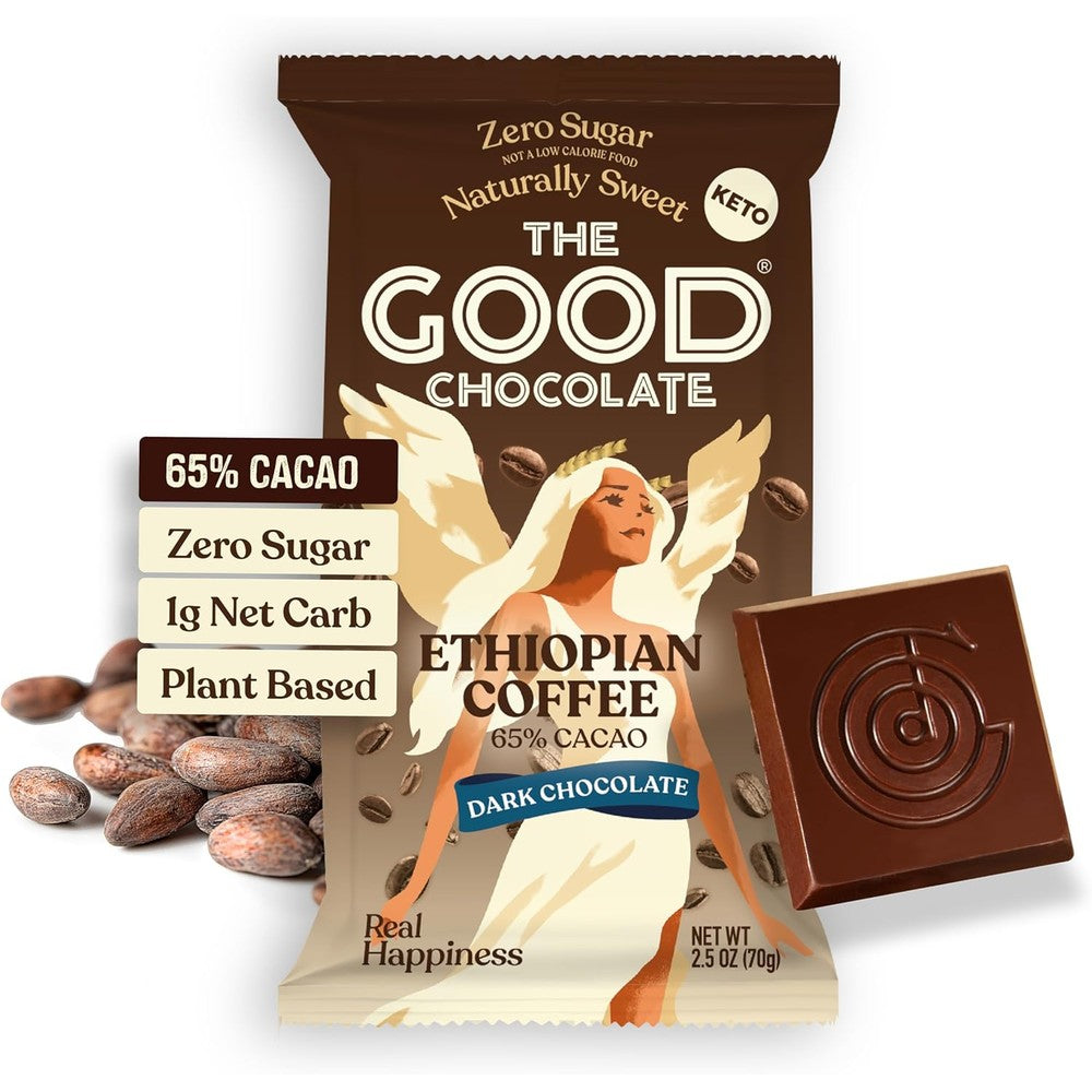 The Good Chocolate Keto Dark Chocolate Coffee Bar front packaging view showing zero sugar claim.