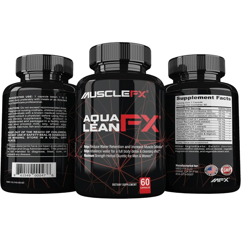 MUSCLE FX AquaLean FX Maximum Strength Diuretic Water Away Pills for Water Retention and Lean Muscle Defination for Men and Women, 60 Capsules
