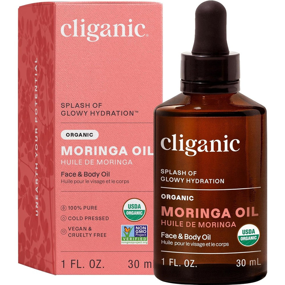 Cliganic Organic Moringa Oil front view bottle for facial hydration.