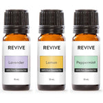 Revive Essential Oils Top 3 Kit front view showing Lavender Lemon and Peppermint bottles.