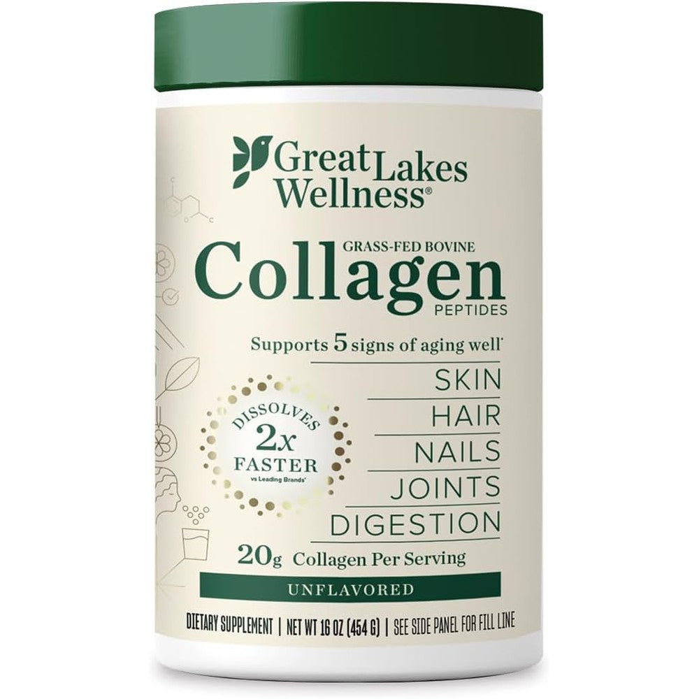 Great Lakes Wellness Collagen Peptides unflavored powder sixteen ounce canister front view