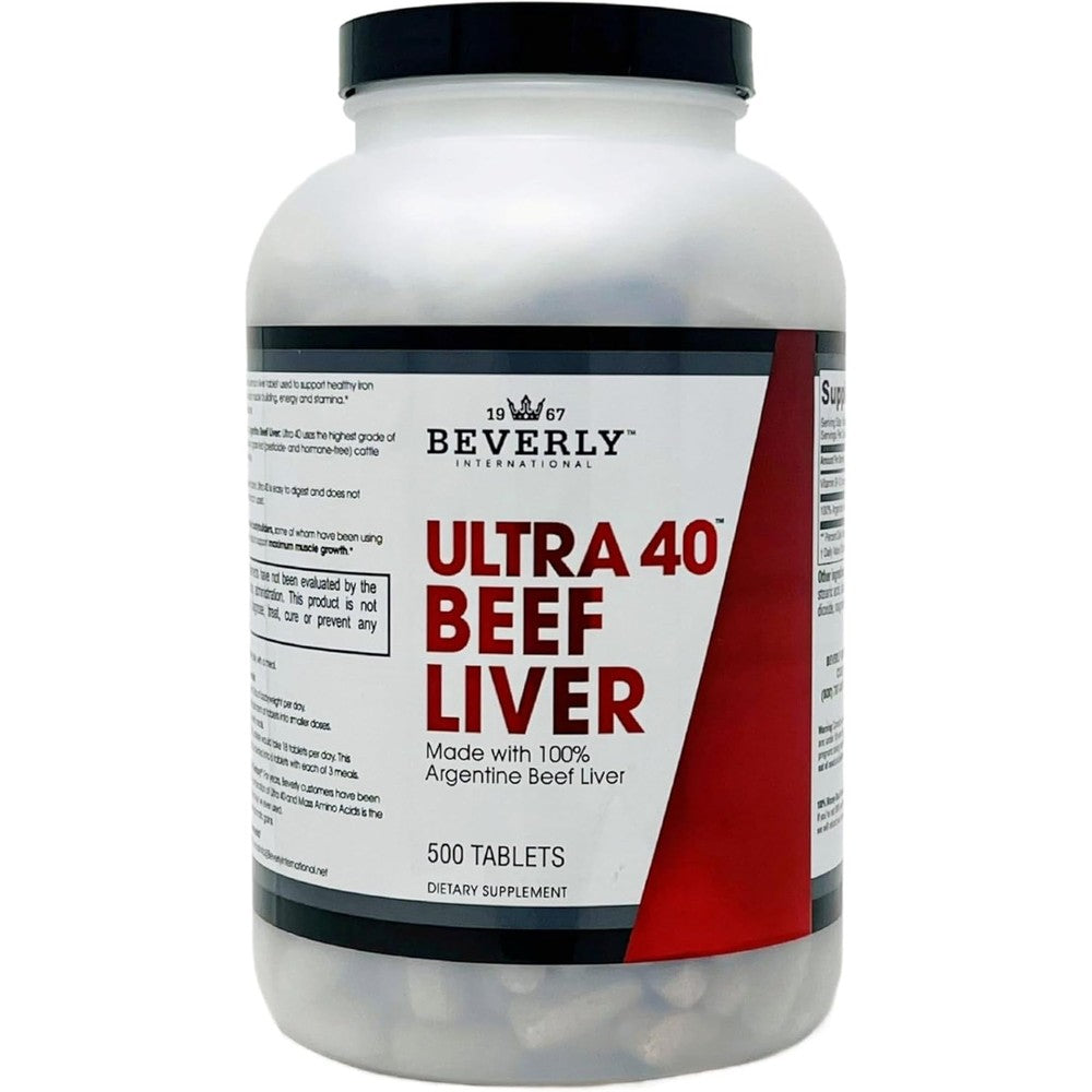 Beverly International Ultra 40 Beef Liver 500 Tablets bottle front view showing product labels