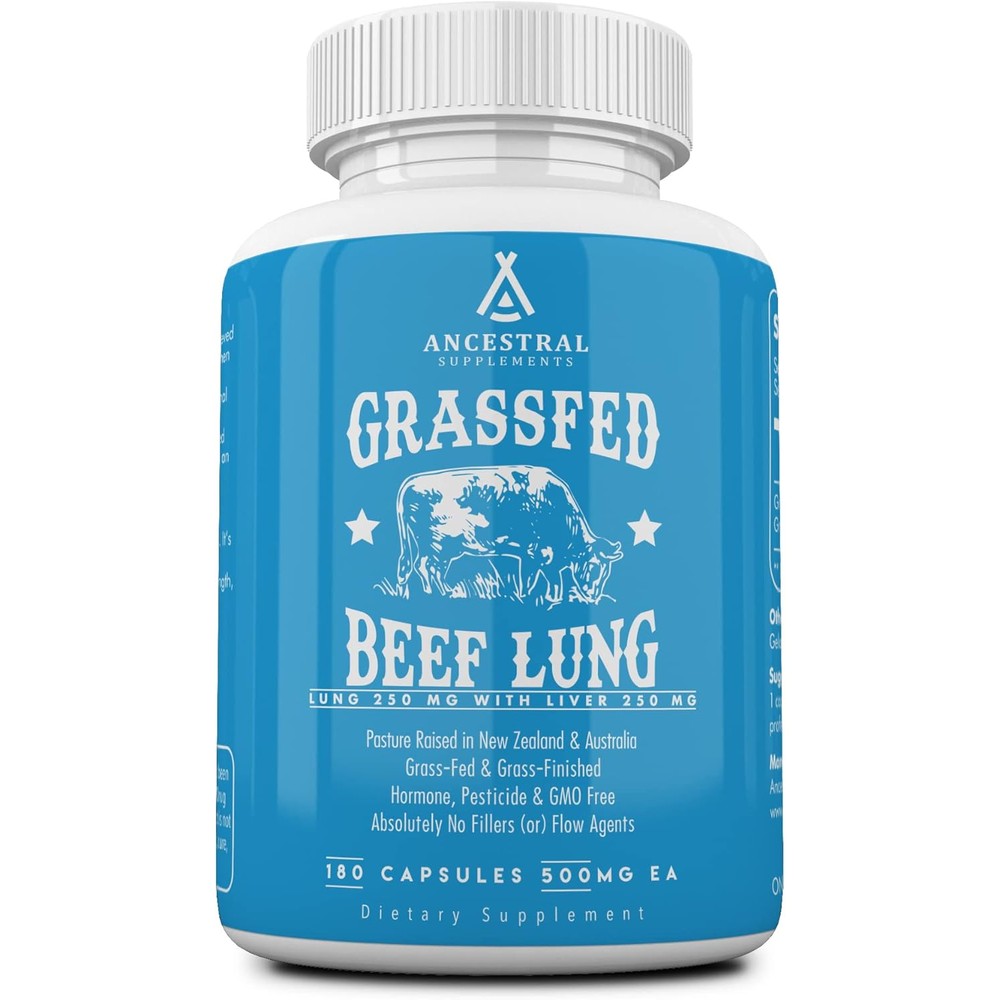 Ancestral Supplements Grass Fed Beef Lung Supplement front view bottle showing 180 capsules packaging