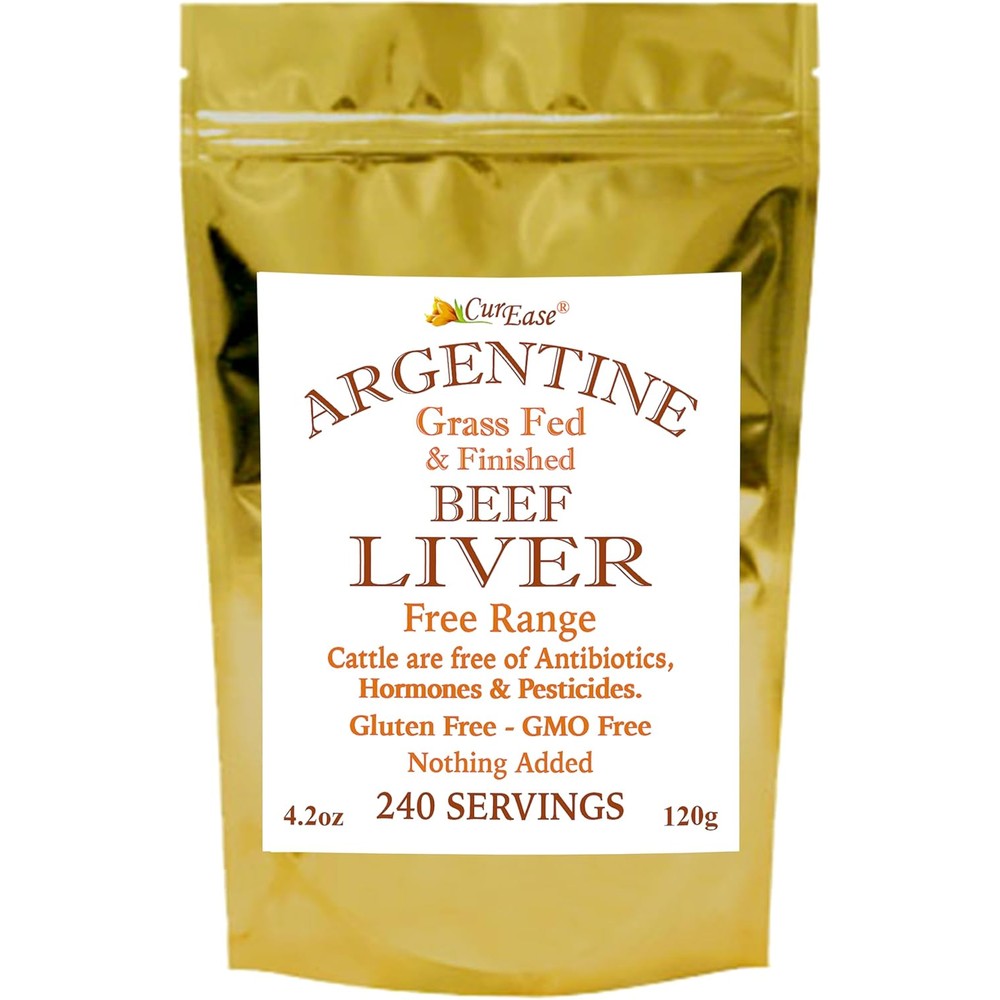 CurEase Argentine Beef Liver Powder pouch front view showing grass fed product details
