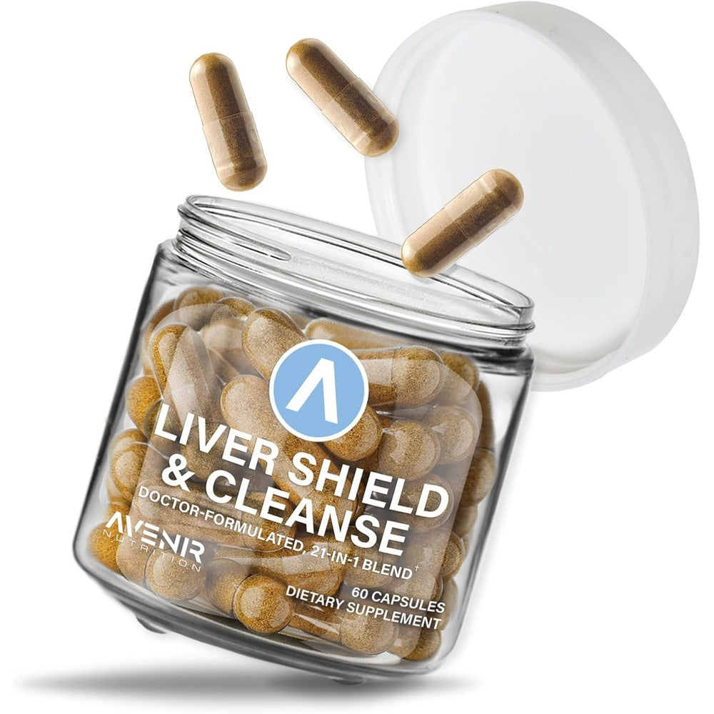 Avenir Nutrition Liver Shield And Cleanse sixty capsules bottle front view showing authentic imported packaging design