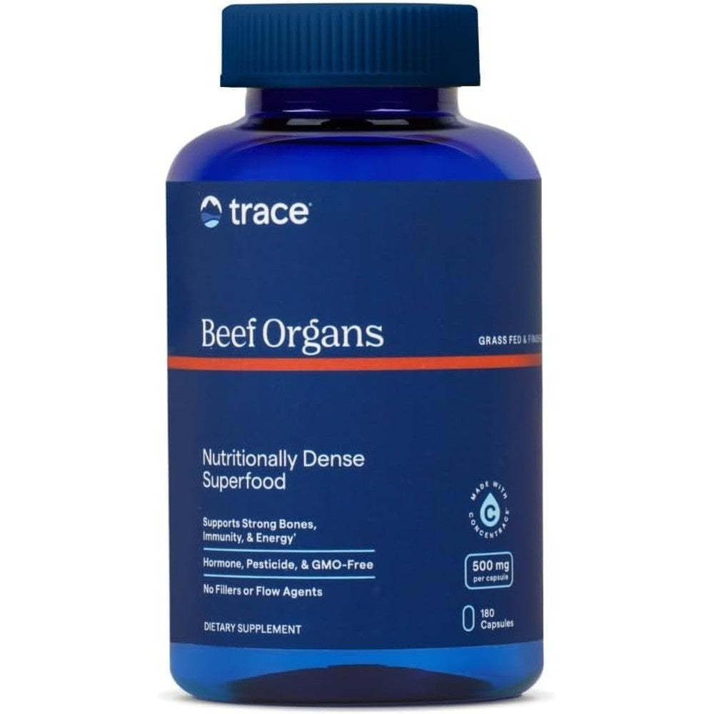 Trace Minerals Ancestral Grass Fed Beef Organs 180 Capsules front view bottle.