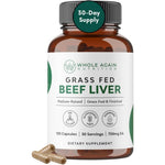 Whole Again Nutrition Grass Fed Beef Liver 120 capsules front view bottle showing energy support benefits.