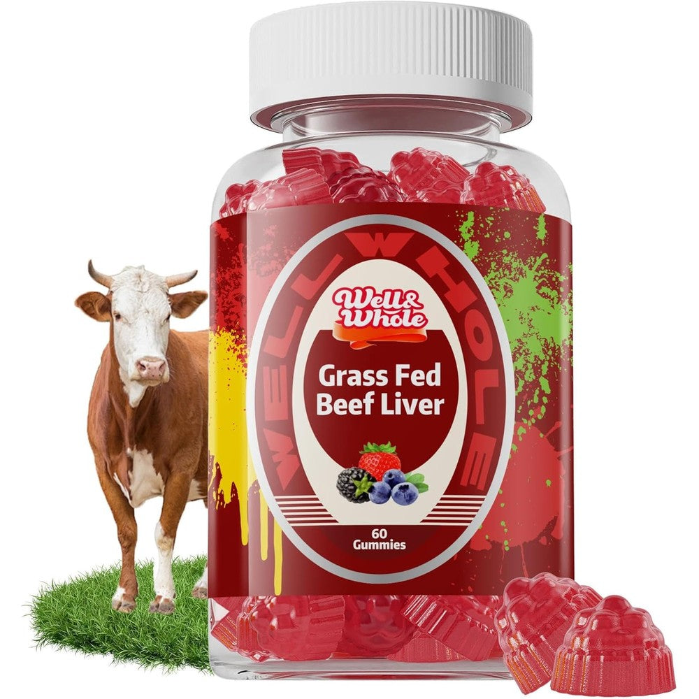 Well&Whole Grass Fed Beef Liver Gummies 60 Count bottle front view showing authentic USA import packaging.