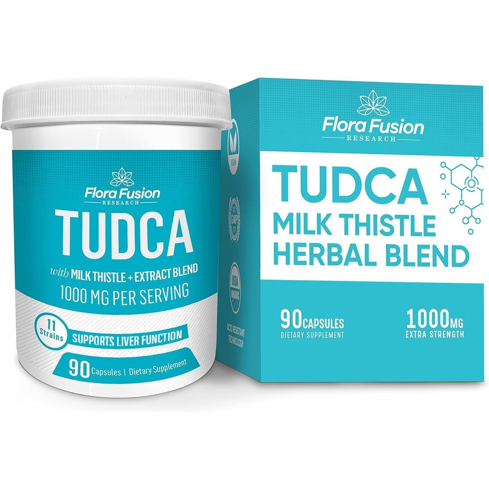 Flora Fusion Research Dr Millers TUDCA with Milk Thistle 1000mg 90 capsules front view bottle showing liver support formula