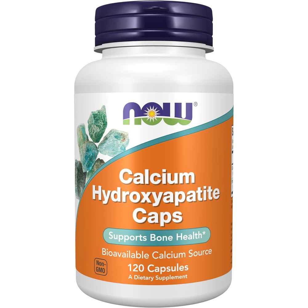 NOW Foods Calcium Hydroxyapatite front label view showing one hundred twenty capsules bottle for bone health support.