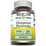 Amazing Nutrition Chromium Picolinate 200 mcg 240 tablets front label view for glucose metabolism support.