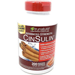 TruNature Advanced Strength CinSulin 200 vegetarian capsules bottle front view showing cinnamon extract and chromium ingredients.