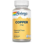 Solaray Copper Bisglycinate 2 mg 100 Vegan Capsules front view showing authentic product label for trace mineral support.