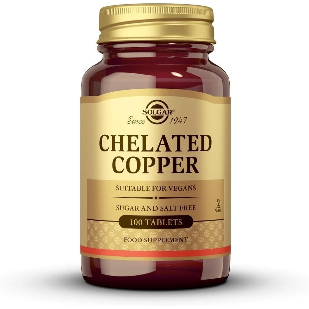 Solgar Chelated Copper 100 Tablets front view bottle for premium copper supplement in India