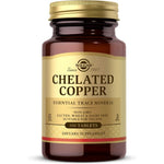 Solgar Chelated Copper 100 Tablets front view bottle showing premium amber glass packaging.
