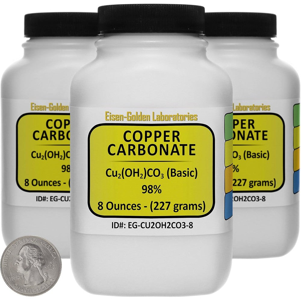 Eisen-Golden Laboratories Copper Carbonate 98 percent AR grade powder bottles front view