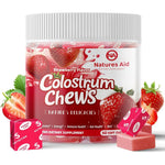 Natures Aid Colostrum Chews and Probiotics 60 strawberry tablets front view for gut health.