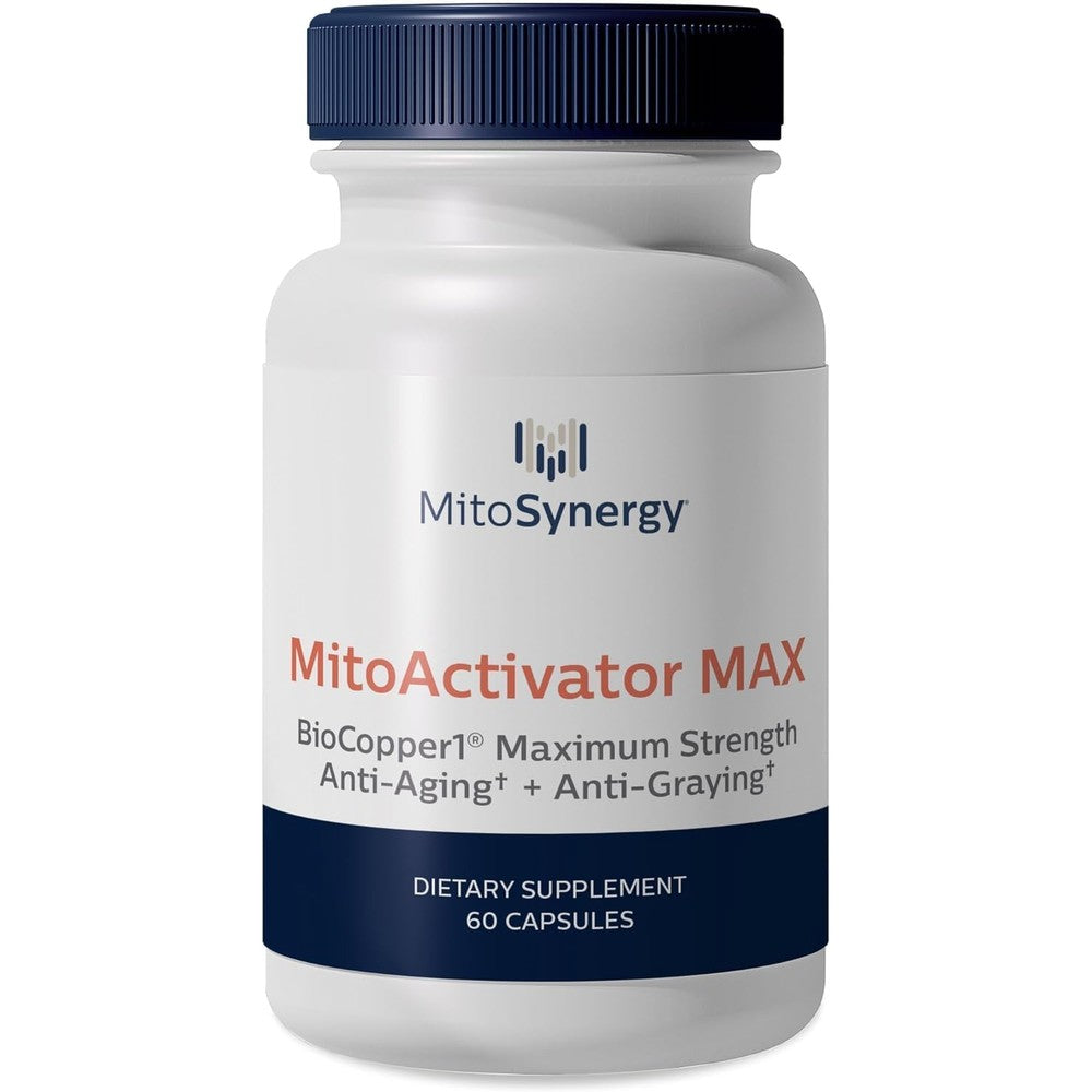 MitoSynergy MitoActivator MAX front view showing authentic bioavailable copper supplement bottle