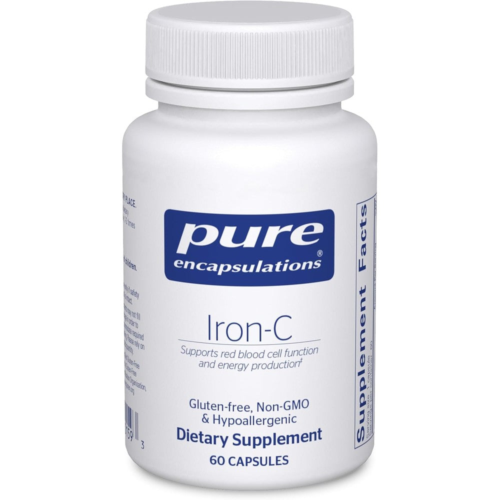 Pure Encapsulations Iron-C 60 capsules front view bottle for red blood cell support.