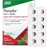 Floradix Iron Tablets 120 count pack front view displaying clean packaging labels for dietary support.