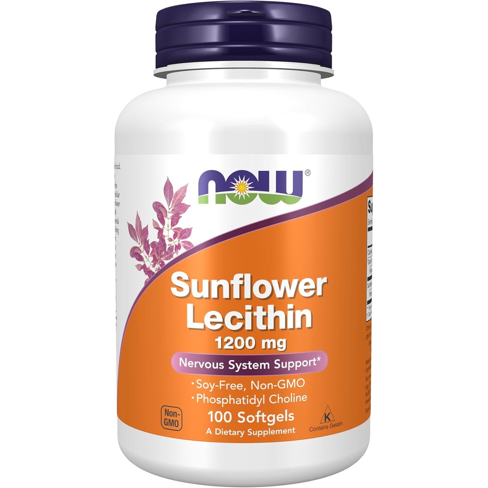 NOW Foods Sunflower Lecithin 1200 mg 100 softgels bottle front view for nervous system support