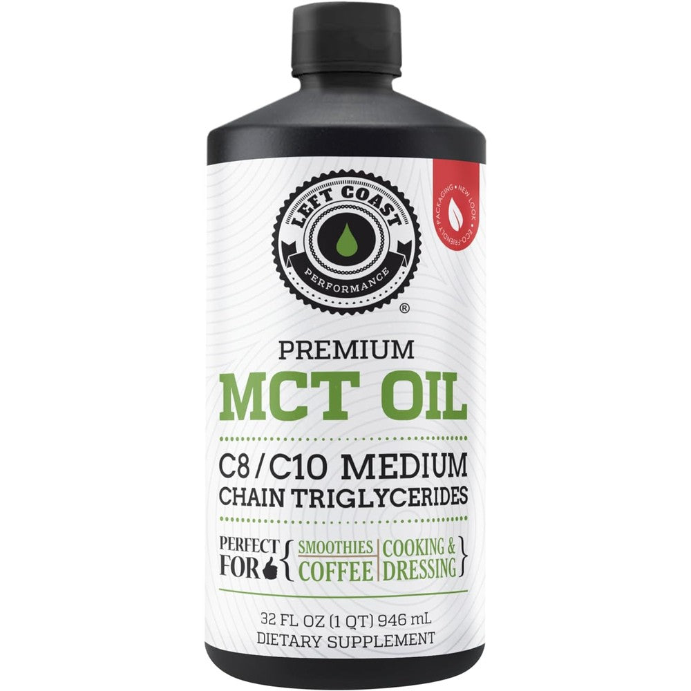 Left Coast Performance Coconut MCT Oil 32 Ounces front view bottle displaying keto friendly supplement details.
