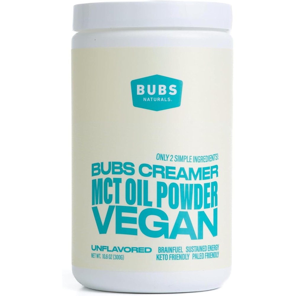 BUBS Naturals MCT Oil Powder front view of 10.6 ounce jar for keto coffee creamers