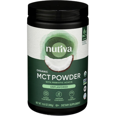Nutiva Organic MCT Powder with Prebiotic Acacia Fiber, Classic, 10.6 Oz, USDA Organic, Non-GMO, Non-BPA, Vegan, Gluten-Free, Keto & Paleo, Instant Beverage or Boost to Coffee & Smoothies