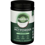 Nutiva Organic MCT Powder front view packaging showing prebiotic acacia fiber benefits.