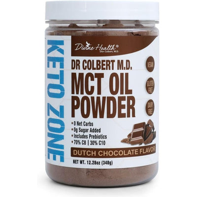 Dr. Colbert's Keto Zone MCT Oil Powder | Dutch Chocolate Flavor | 70% C8 | 30% C10 | All Natural Keto Approved for Ketosis | 0 Net Carbs | Gluten Free | 30 Day Supply | 348g |