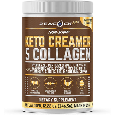 Peacock Max Collagen Keto Coffee Creamer Powder 12.2 oz - Hydrolyzed Collagen Peptides with Coconut MCT Oil, B12, Magnesium, Unflavored Protein Powder, Sugar Free Coffee Creamer for Smoothies & Baking