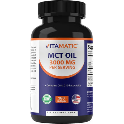 Vitamatic MCT Oil 3000 mg per Serving - 180 Softgels - from Coconut Oil - Contains 55% caprylic Acid C8 and 40% capric Acid C10