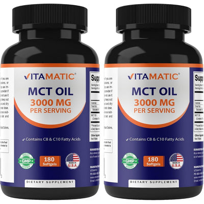 Vitamatic 2 Packs MCT Oil Capsules 3000 mg per Serving - 180 Softgels - from Coconut Oil - Contains 55% caprylic Acid C8 and 40% capric Acid C10 (Total 360 Softgel)