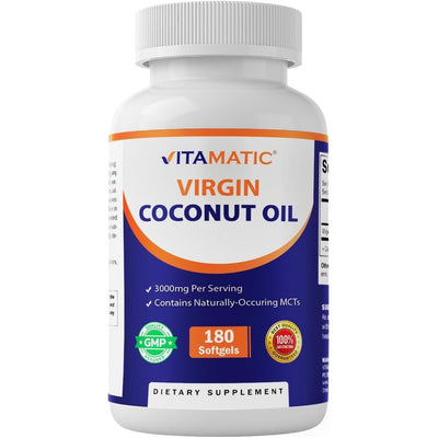 Vitamatic Virgin Coconut Oil Softgels, 3000 mg Per Serving, 60 Servings, 180 Count, Non-GMO, Gluten Free