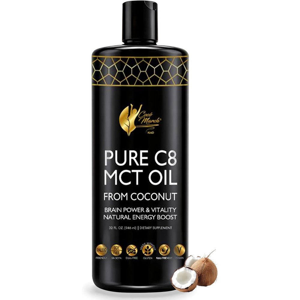Coco March N.M.D. Pure C8 MCT Oil front view 32 fluid ounce bottle