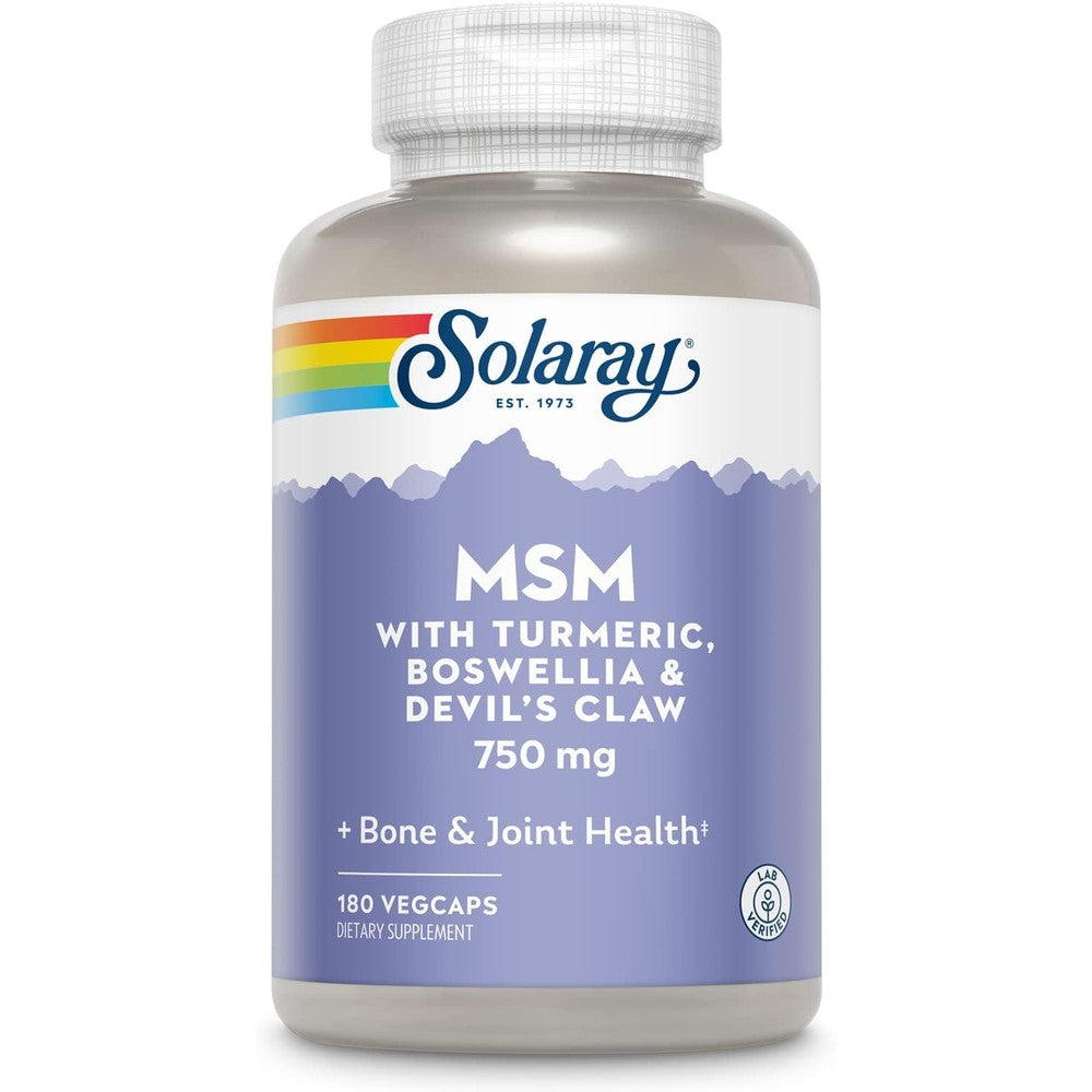 Solaray MSM 750 mg vegetable capsules bottle front view for joint support.