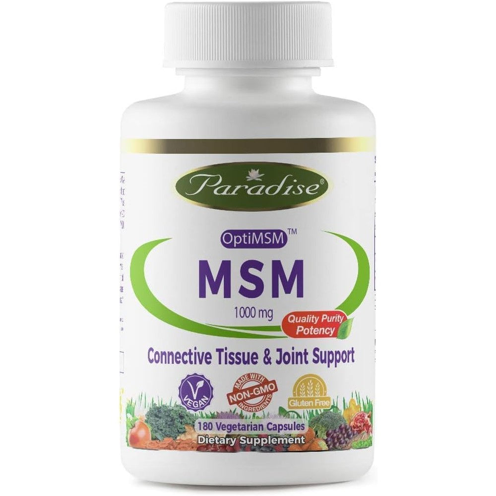 Paradise Herbs OptiMSM 1000 mg 180 vegetarian capsules bottle front view for pure joint support.